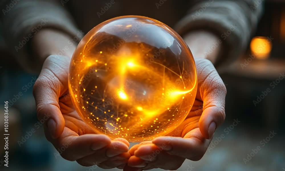 A person holds a glowing orb filled with intricate network patterns and warm colors. A person holds a glowing orb filled with intricate network patterns and warm colors.