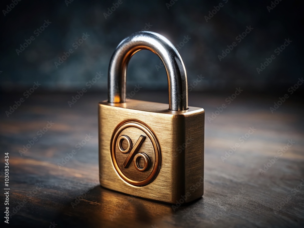 Fototapeta premium Brass Padlock with Percentage Symbol - Finance Security and Interest Rates