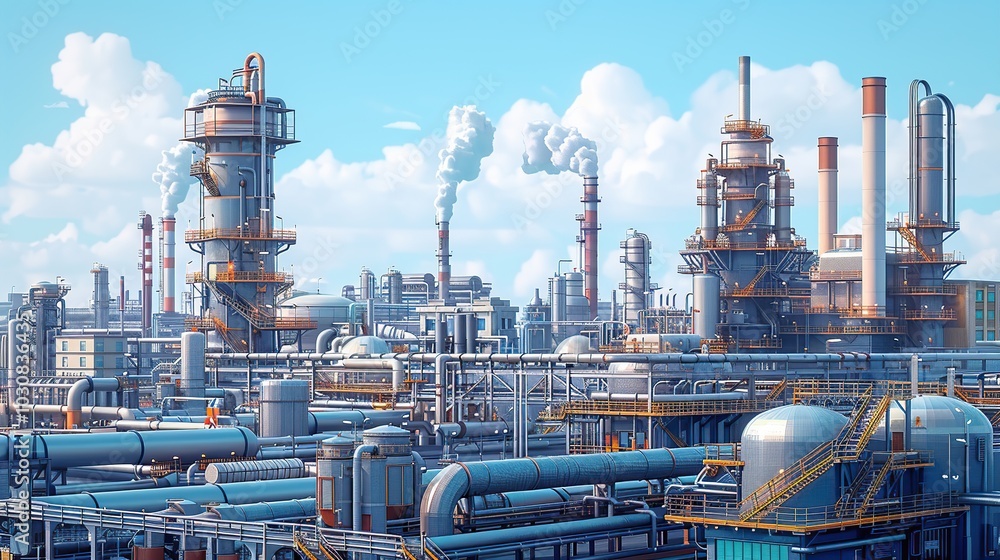 Detailed illustration of an oil refinery's exterior, showcasing a complex network of pipes and ducts, with industrial buildings and smokestacks in the backdrop. Factory, chemical industry. High Detailed illustration of an oil refinery's exterior, showcasing a complex network of pipes and ducts, with industrial buildings and smokestacks in the backdrop. Factory, chemical industry. High