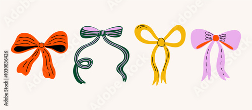 Set of various bows, gift ribbons, bowknots in cartoon retro groovy funky style. Hand-drawn vector illustration elements, stickers for holiday, birthday party, Christmas present wrapping decoration