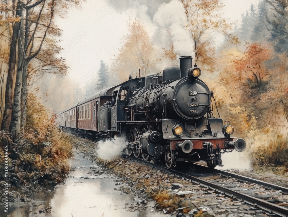 Obraz premium Train travels through dense forest