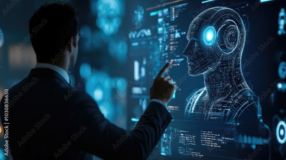 businessman is presenting an AI model on the big screen businessman is presenting an AI model on the big screen