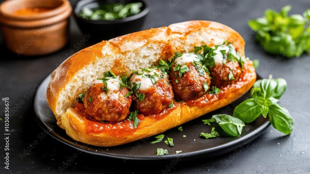 Close-up of a delicious meatball sub with marinara sauce and parsley. Close-up of a delicious meatball sub with marinara sauce and parsley.
