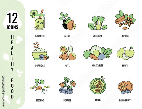 Set Healthy food icons in style line art. Vector illustration.
