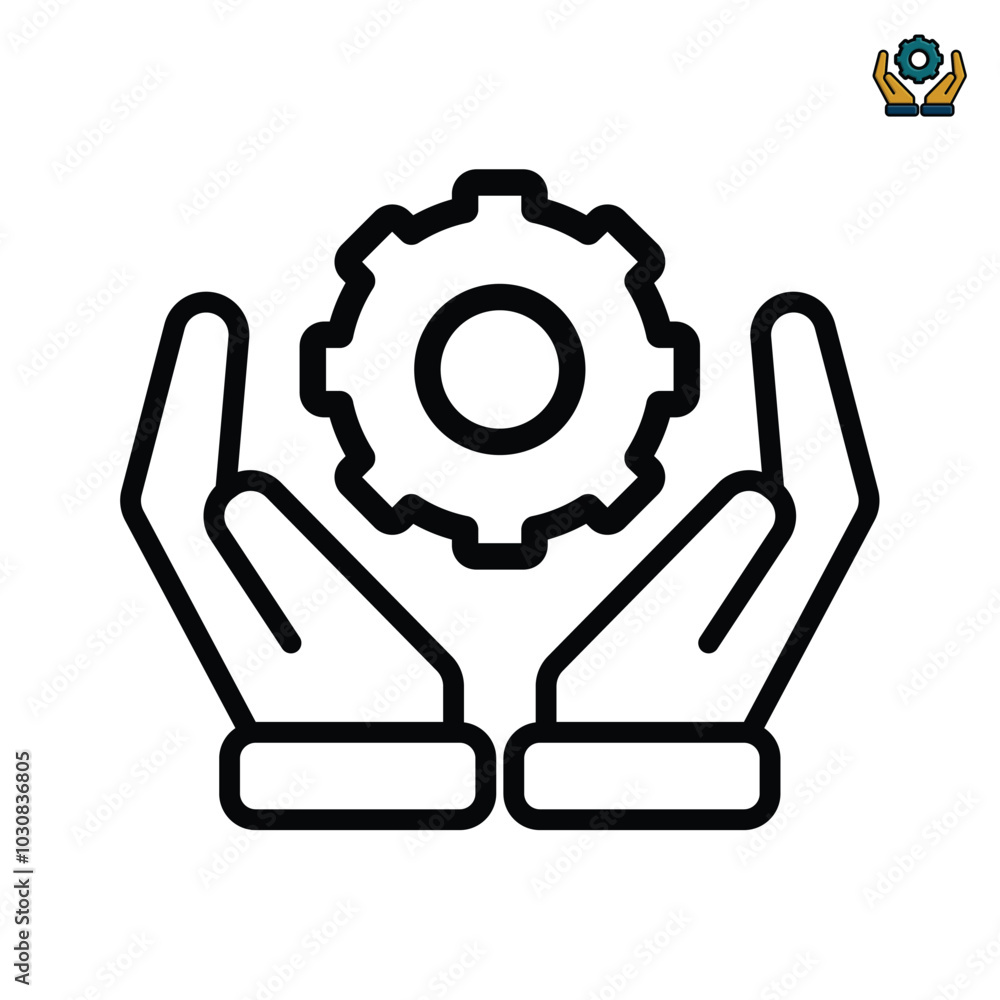 Hand holding cogwheel icon, Gear in hand sign, Maintenance service guarantee, Setting and repair sign, Installation and support. outline design style Hand holding cogwheel icon, Gear in hand sign, Maintenance service guarantee, Setting and repair sign, Installation and support. outline design style