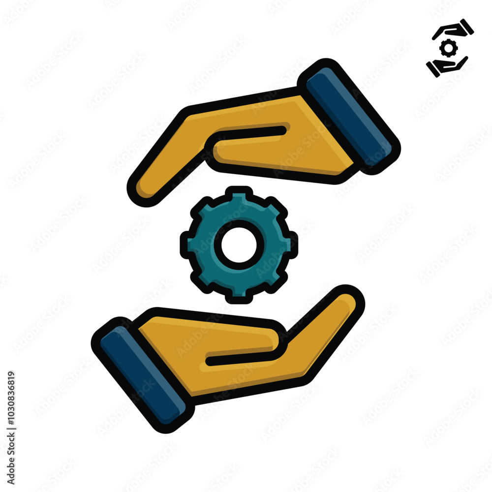 Hand holding cogwheel icon, Gear in hand sign, Maintenance service guarantee, Setting and repair sign, Installation and support. Flat design style Hand holding cogwheel icon, Gear in hand sign, Maintenance service guarantee, Setting and repair sign, Installation and support. Flat design style