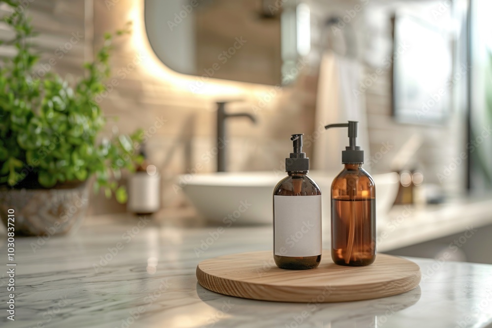 Bottles of liquid and lotion on a counter Bottles of liquid and lotion on a counter