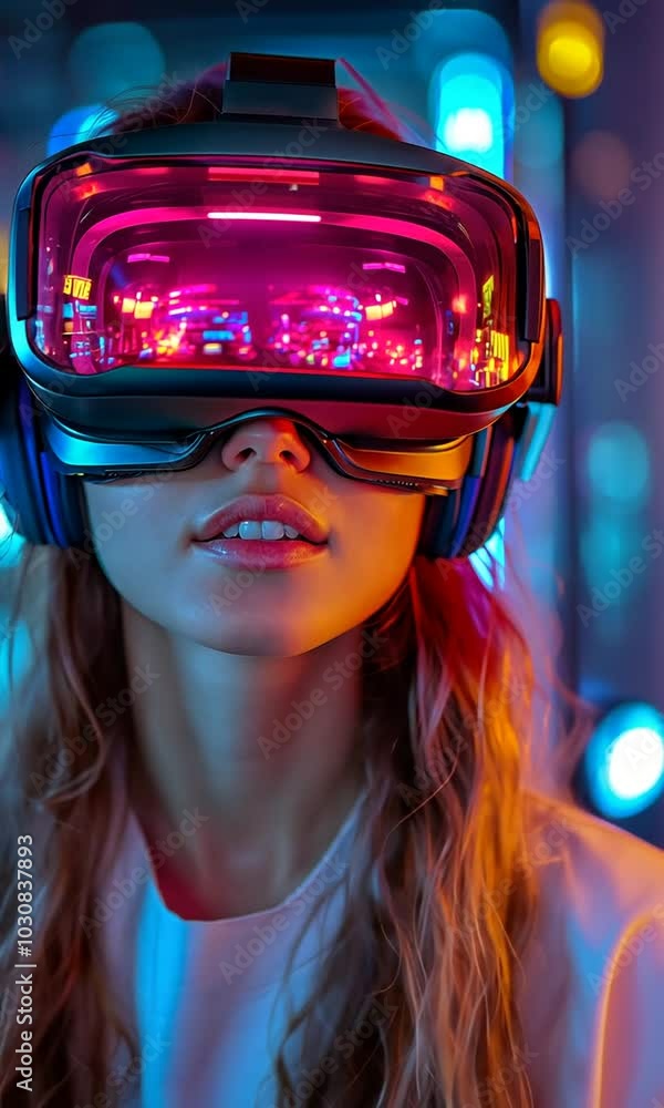 A person wearing a futuristic VR headset, immersed in a colorful digital environment. A person wearing a futuristic VR headset, immersed in a colorful digital environment.