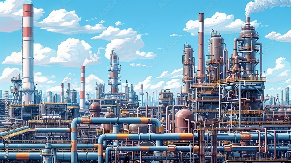 Exterior view of a chemical plant, featuring a tangle of pipes and ducts, against industrial buildings and smokestacks. Detailed illustration of an industrial background, oil refinery. High Exterior view of a chemical plant, featuring a tangle of pipes and ducts, against industrial buildings and smokestacks. Detailed illustration of an industrial background, oil refinery. High