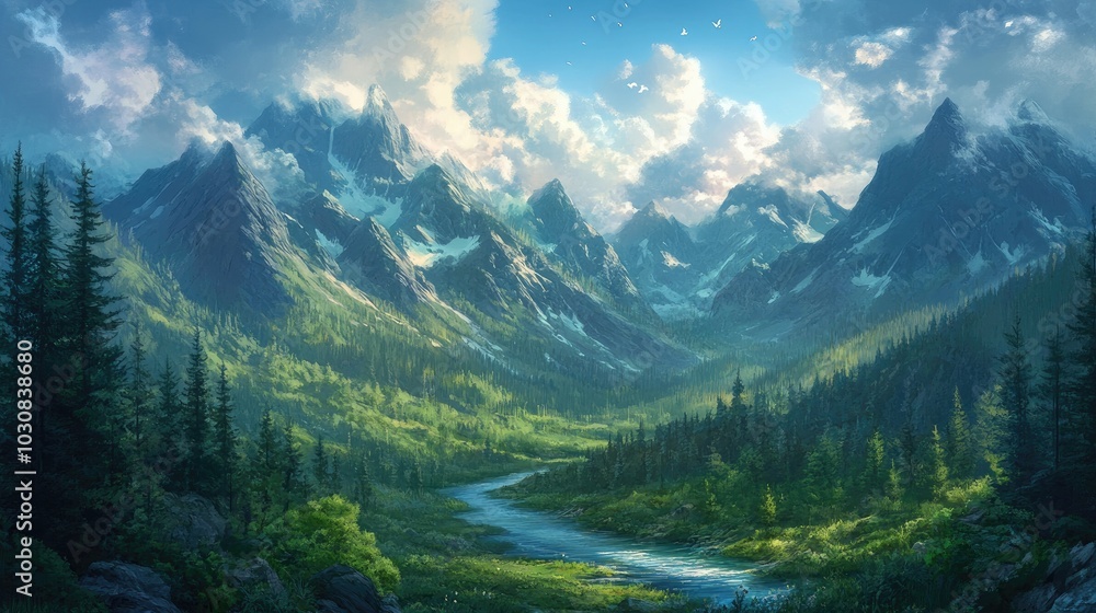 a mountain range with a river running through it and a few clouds in the sky a mountain range with a river running through it and a few clouds in the sky