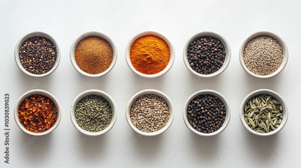 Vibrant array of colorful spices and seeds in small white bowls arranged neatly in two rows, showcasing diverse textures and hues on a light background. Vibrant array of colorful spices and seeds in small white bowls arranged neatly in two rows, showcasing diverse textures and hues on a light background.