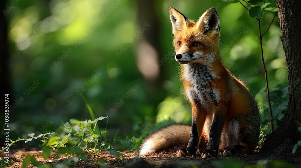 Fototapeta premium fox sits attentively in the woods 