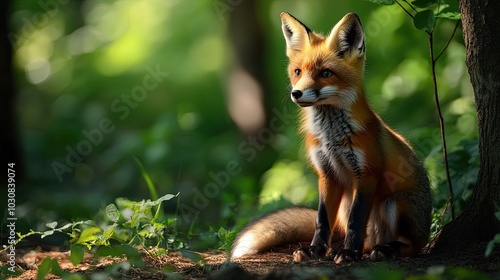 fox sits attentively in the woods 