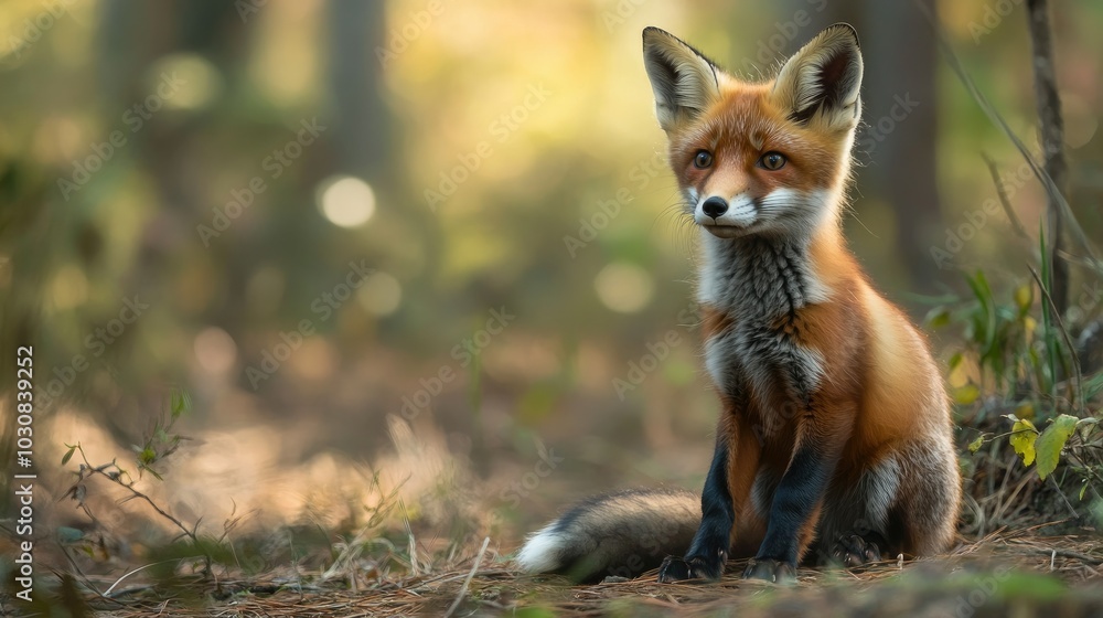 Fototapeta premium fox sits attentively in the woods 