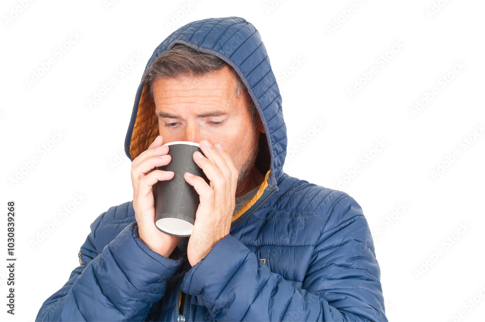 Man in coat warms up with hot drink on white background Man in coat warms up with hot drink on white background
