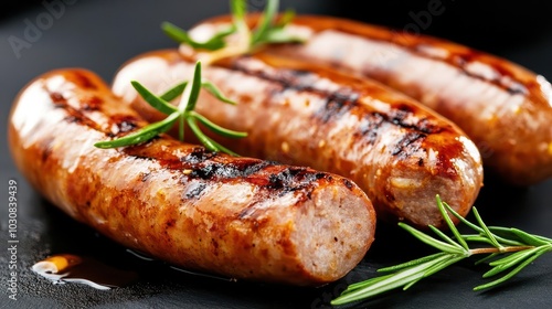 Close-up of grilled sausages on a barbecue with sauce being poured on top.