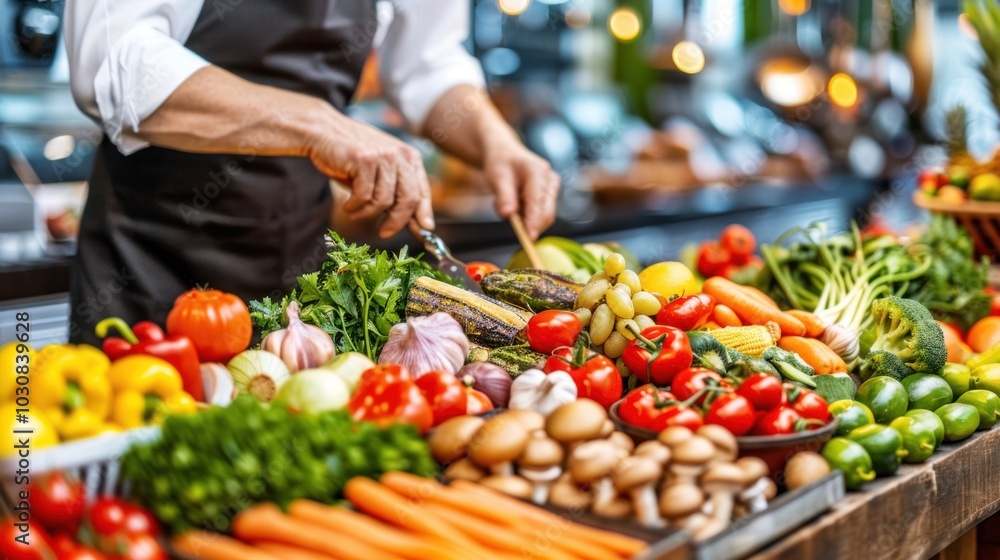A Chef Prepares a Variety of Fresh Produce for Cooking A Chef Prepares a Variety of Fresh Produce for Cooking