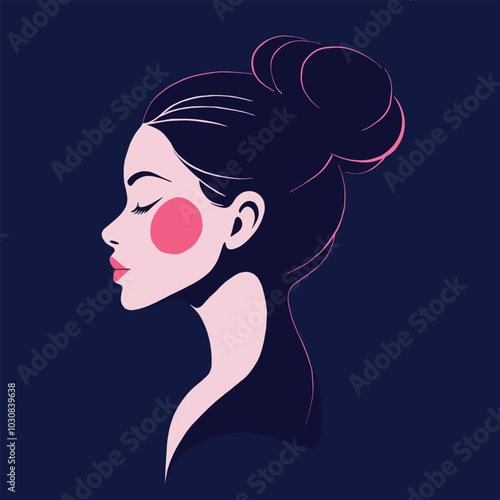 Minimalistic beautiful woman with hair in bun and pink circle on cheek shown in profile on dark blue background