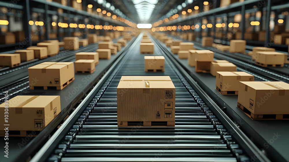 A conveyor belt filled with cardboard boxes in a warehouse setting. A conveyor belt filled with cardboard boxes in a warehouse setting.