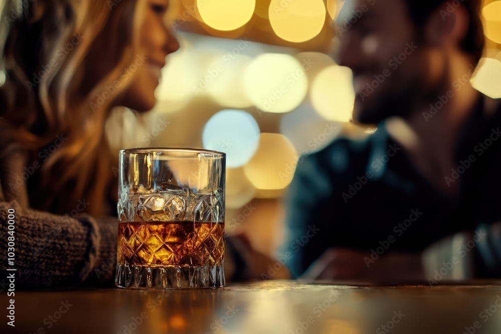 Intimate scene a couple enjoying drinks, focus on a whiskey glass Intimate scene a couple enjoying drinks, focus on a whiskey glass