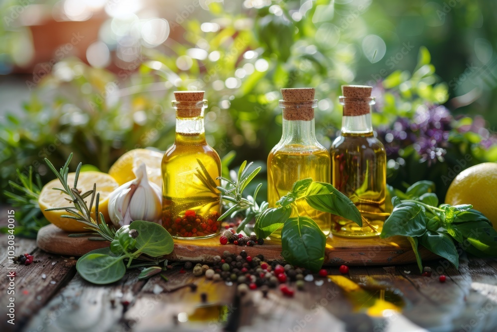 Organic herb-infused olive oils with lemons and garlic outdoors Organic herb-infused olive oils with lemons and garlic outdoors