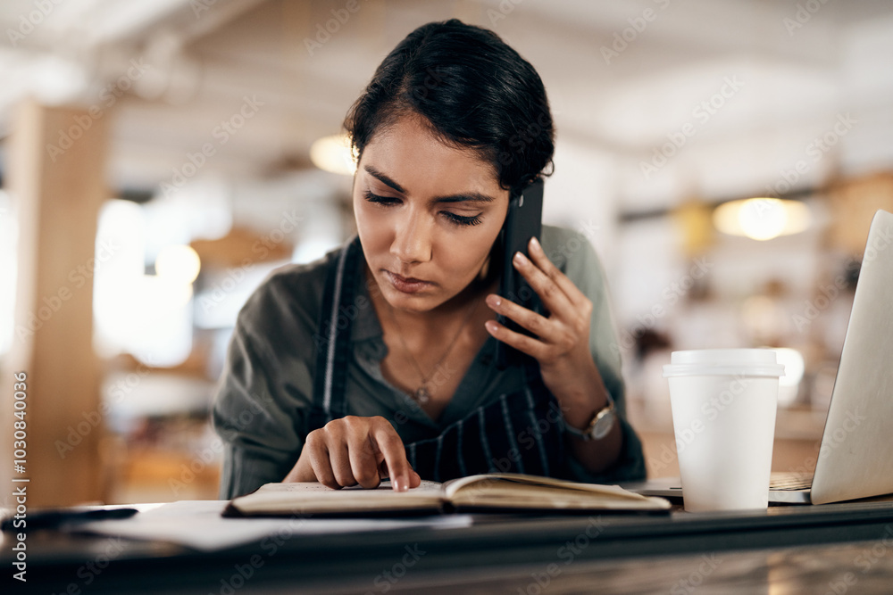 Cafe woman, phone call and thinking with notebook for coffee shop profit, investment problem or sales issue. Laptop, reading and mobile technology for restaurant owner with financial report questions Cafe woman, phone call and thinking with notebook for coffee shop profit, investment problem or sales issue. Laptop, reading and mobile technology for restaurant owner with financial report questions