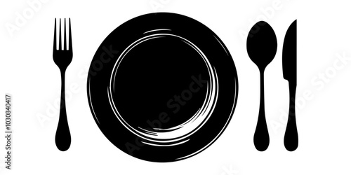 Cutlery silhouettes. Fork spoon knife black icons, silverware silhouettes on white background. Vector cutlery set for serving illustration, Fork, knife, spoon and plate set icons. Tableware set flat