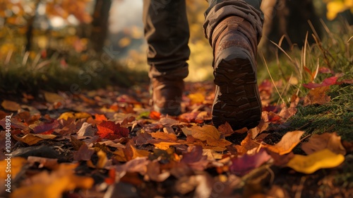 Wallpaper Mural With colorful fallen leaves and hiking boots, a person walks in autumn forest path Torontodigital.ca