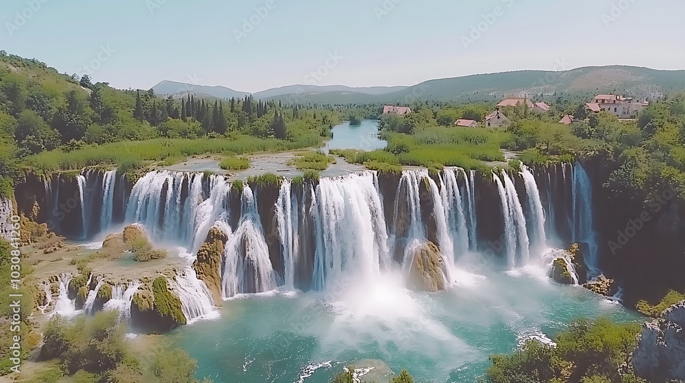 Fototapeta premium Majestic waterfall cascading down a rocky cliff with lush greenery in the background.