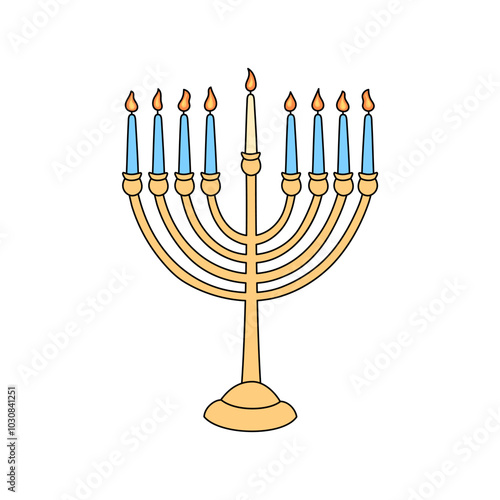 Hanukkah menorah doodle vector illustration isolated. Traditional Jewish chanukiah candle holder with nine outline lit candles on white background. Festival of lights symbol