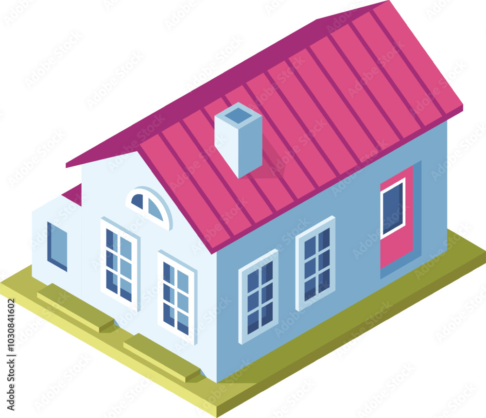 Isometric projection of a modern suburban house with a pink roof, white facade and a green lawn. Perfect for real estate or architecture related projects Isometric projection of a modern suburban house with a pink roof, white facade and a green lawn. Perfect for real estate or architecture related projects
