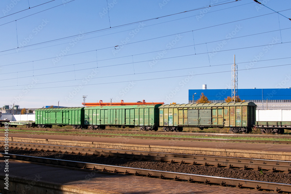 ZHODINO, Belarus - October 13, 2024 : railway tracks and freight wagons ZHODINO, Belarus - October 13, 2024 : railway tracks and freight wagons