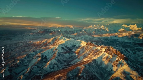 Aerial view of snow-covered mountain peaks at sunset, dramatic landscape with warm and cool tones, serene and majestic scenery
