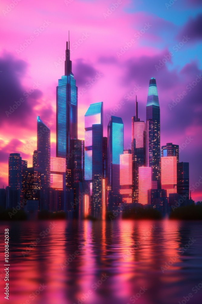 Obraz premium Modern skyline at sunset with vibrant colors reflecting on water.