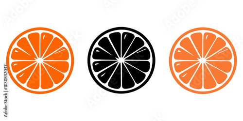 Orange slices set. Whole, half and slice chopped orange fruit. Vector illustration isolated on white background, Orange fruit black silhouette set, Vector orange flat icon