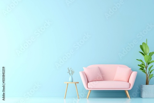 Stylish pink sofa next to potted plant on a light blue wall, modern interior design. photo