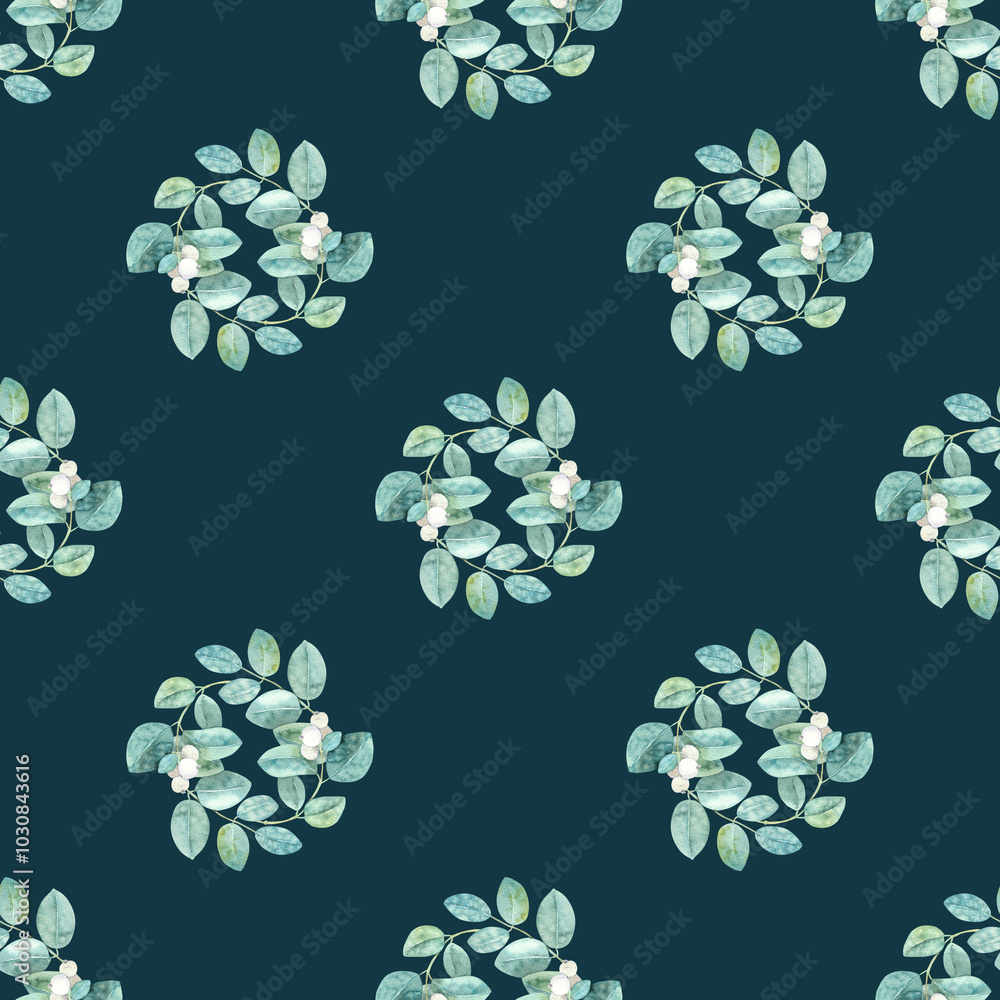 Seamless pattern leaves green, white berries botanical greenery drawn watercolor illustration. On grey background. Hand painted floral art. For Invitation, fabric, wallpaper, wrapping, wedding cards. Seamless pattern leaves green, white berries botanical greenery drawn watercolor illustration. On grey background. Hand painted floral art. For Invitation, fabric, wallpaper, wrapping, wedding cards.