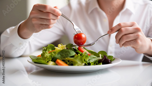 Close-Up of Healthy Eating Candid Photograph of a Person with Light Skin Holding a Fork to Pick Up a Cherry Tomato from a Fresh Salad, Diet photo