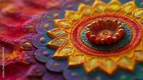 Close-up of a colorful, intricate diya, a traditional Indian lamp, with vibrant hues and intricate patterns against a backdrop of Holi powder.