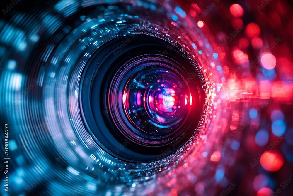 Camera Lens with Red and Blue Bokeh and Light Streaks1 Camera Lens with Red and Blue Bokeh and Light Streaks1