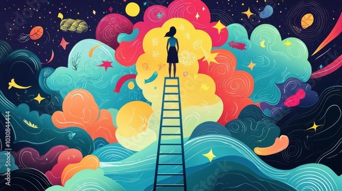 A vibrant illustration of a person standing on a ladder reaching for colorful clouds and stars, symbolizing dreams and imagination.