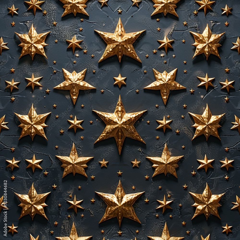 textured gold stars set against a dark background, creating a striking contrast. The shiny metallic stars in various sizes exude a luxurious and festive atmosphere. textured gold stars set against a dark background, creating a striking contrast. The shiny metallic stars in various sizes exude a luxurious and festive atmosphere.