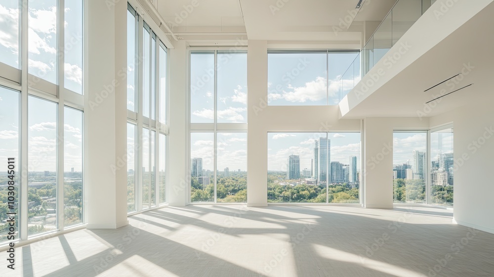 Fototapeta premium Spacious empty modern apartment with floor-to-ceiling windows, panoramic city skyline view, bright natural light, minimalistic interior 