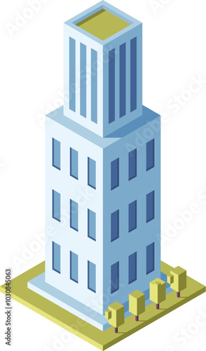 Modern office building in a city, surrounded by trees, showcases sleek architecture blending with the urban landscape. The high rise tower symbolizes modern business in a vibrant metropolis