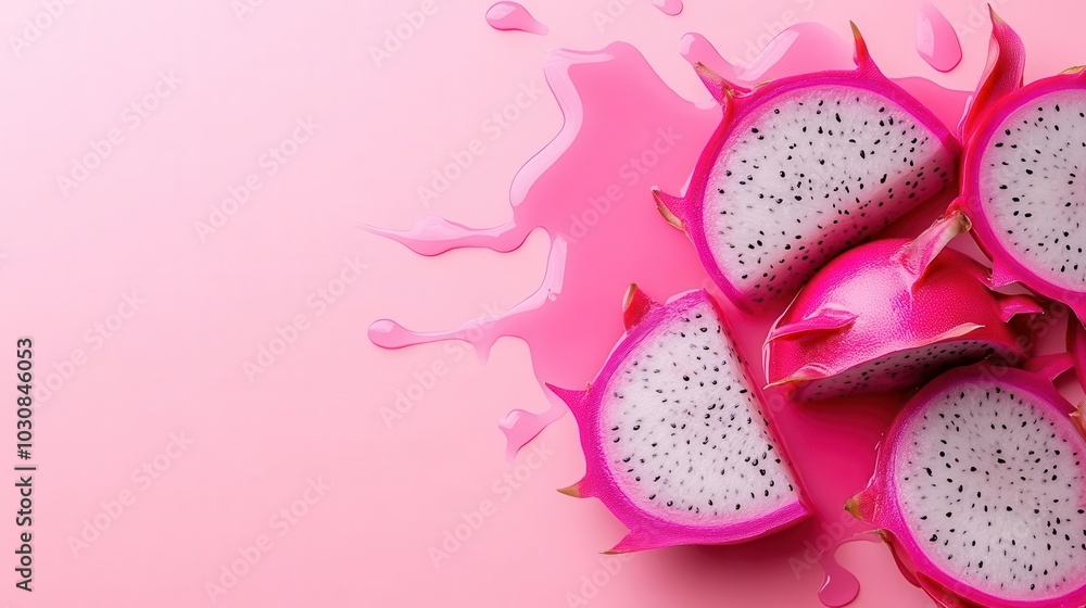 Sliced dragon fruit on pink background with pink juice splatters. Sliced dragon fruit on pink background with pink juice splatters.