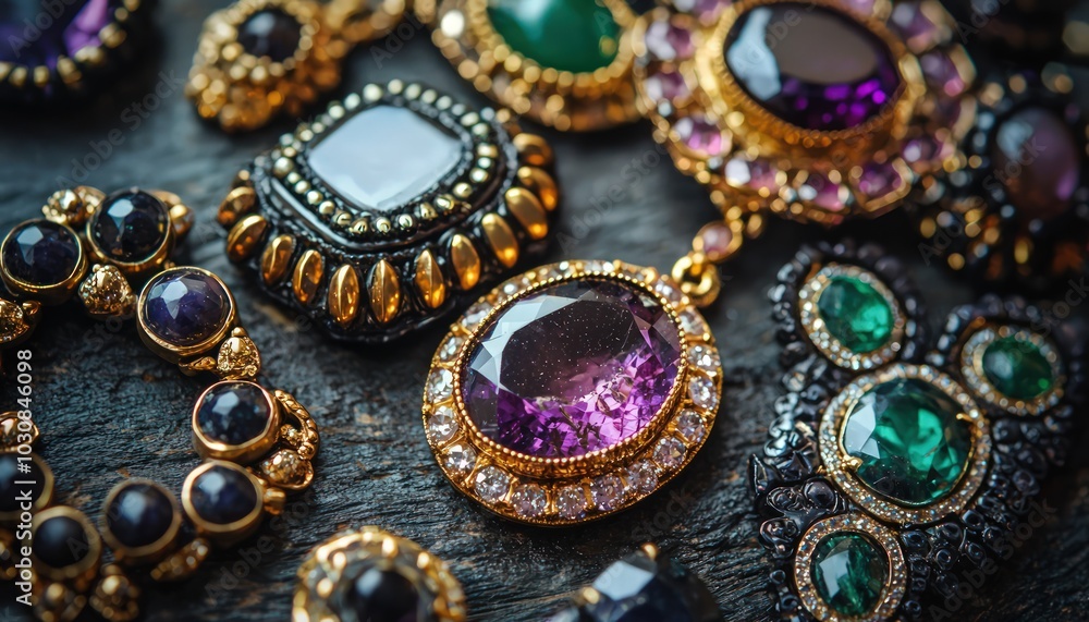 Luxurious collection gemstones with gold accents, perfectly capturing the essence opulence in jewelry design. Luxurious collection gemstones with gold accents, perfectly capturing the essence opulence in jewelry design.