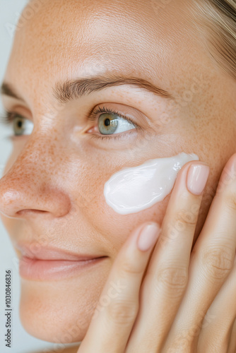 Close-up portrait of a woman applying moisturizer to her face showcasing bright skin highlighting skin care, Cream Smear, sun protection, natural beauty, and rejuvenation concept photo