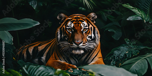 Tigre de Bengala repousando em uma selva exuberante photo