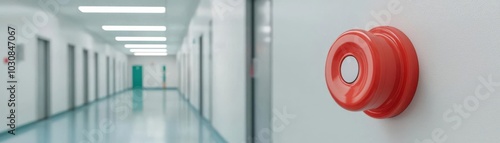 Red emergency button in a clean, sterile hallway, emergency response, minimalist safety design photo