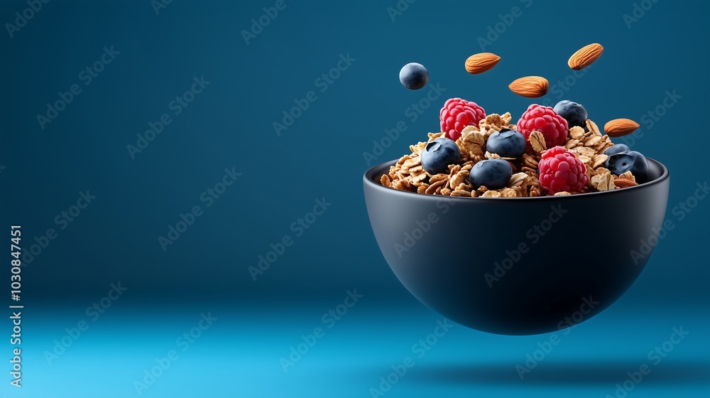 Conceptual bowl of Granola berries floating, clean minimalist blue background, food art advertisement Conceptual bowl of Granola berries floating, clean minimalist blue background, food art advertisement